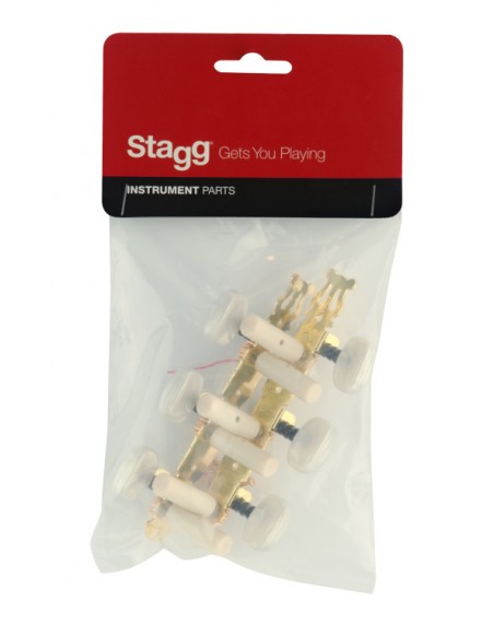 Standard machine heads 3 x 3, for classical guitar, gold finish with white buttons