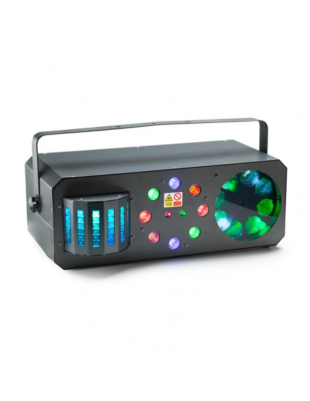 Multi-effects box with red and green lasers, derby, colour wash and flower gobo