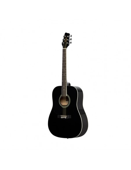 Black dreadnought acoustic guitar with basswood top, left-handed model