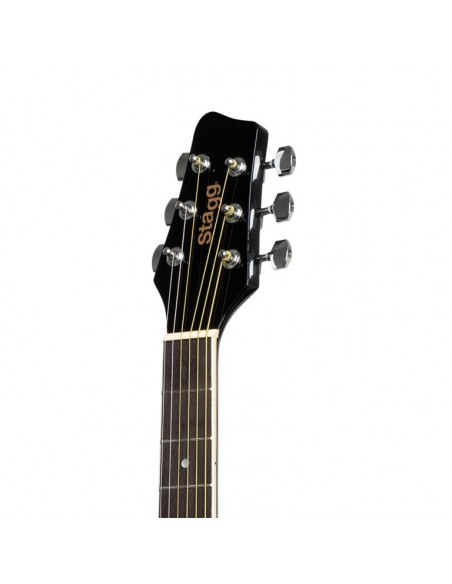 Black dreadnought acoustic guitar with basswood top, left-handed model