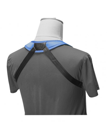 Junior fully-adjustable saxophone harness with soft shoulder padding, blue