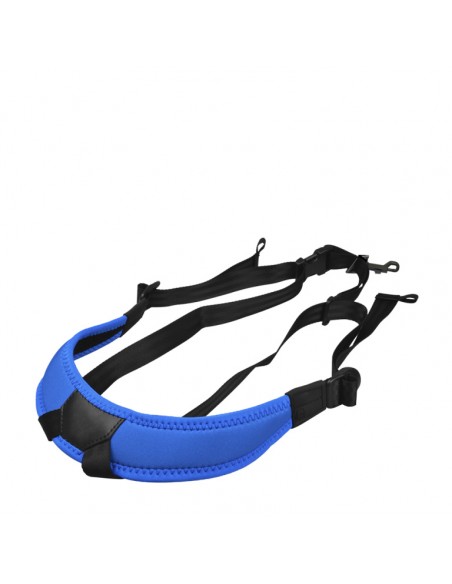 Junior fully-adjustable saxophone harness with soft shoulder padding, blue