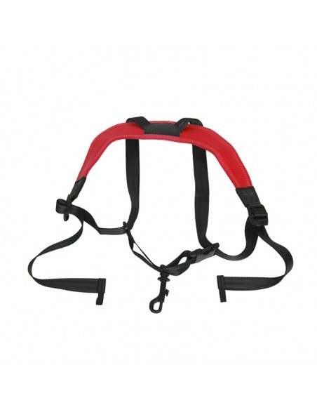 Junior fully-adjustable saxophone harness with soft shoulder padding, red