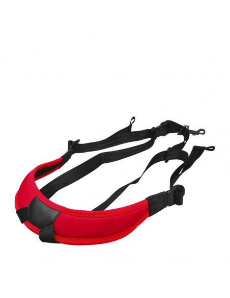 Junior fully-adjustable saxophone harness with soft shoulder padding, red