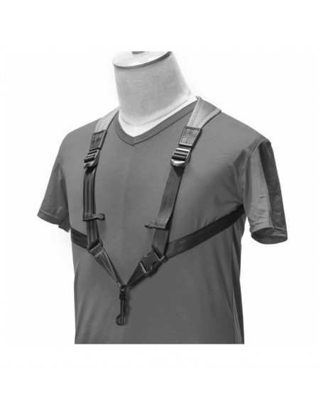 Junior fully-adjustable saxophone harness with soft shoulder padding, silver