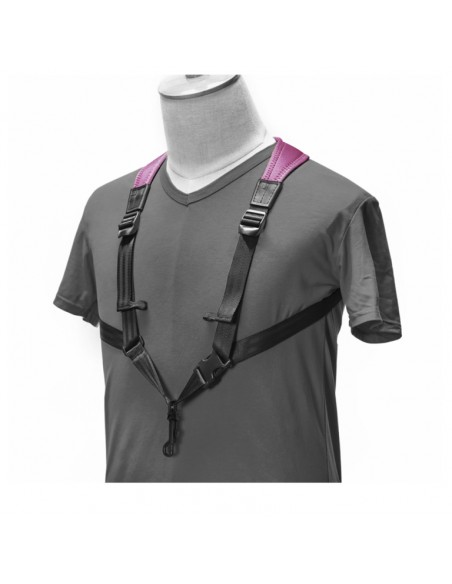 Junior fully-adjustable saxophone harness with soft shoulder padding, magenta