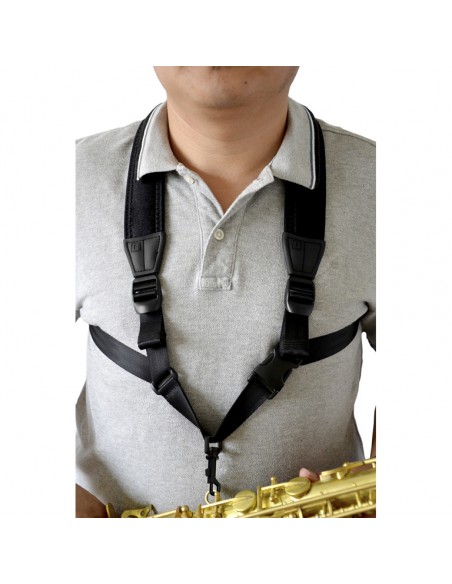 Fully-adjustable saxophone harness with soft shoulder padding, black